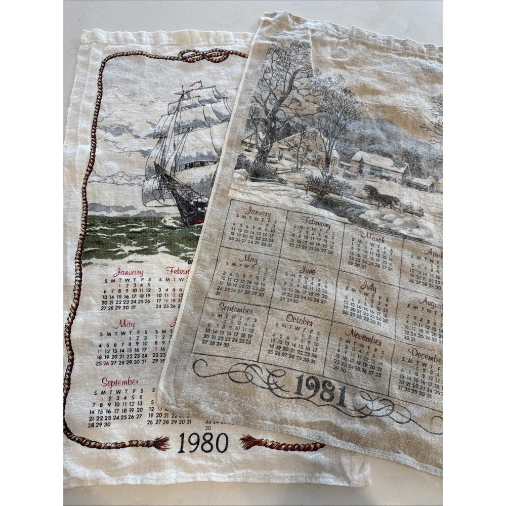 VTG Linen Tea Towels Lot 2 Calendar 1980-81‎ Winter Country & Clipper Ship